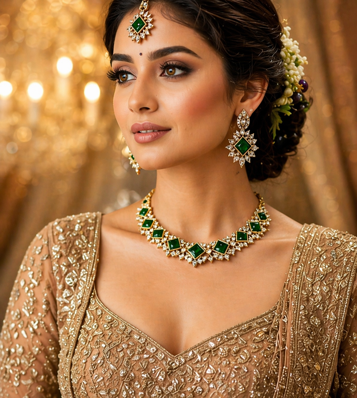 Emerald Green Gold Plated Polki Style Jewelry Set