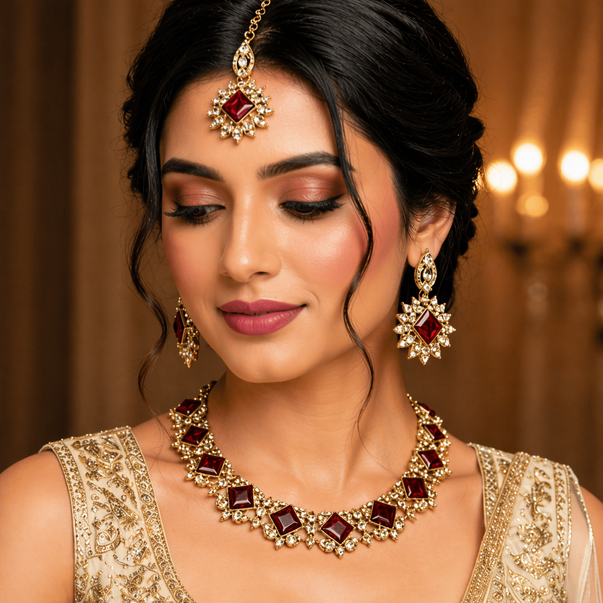 Emerald Green Gold Plated Polki Style Jewelry Set