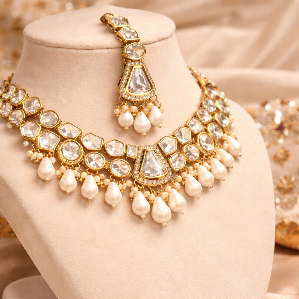 White Pearl Kundan Necklace Set