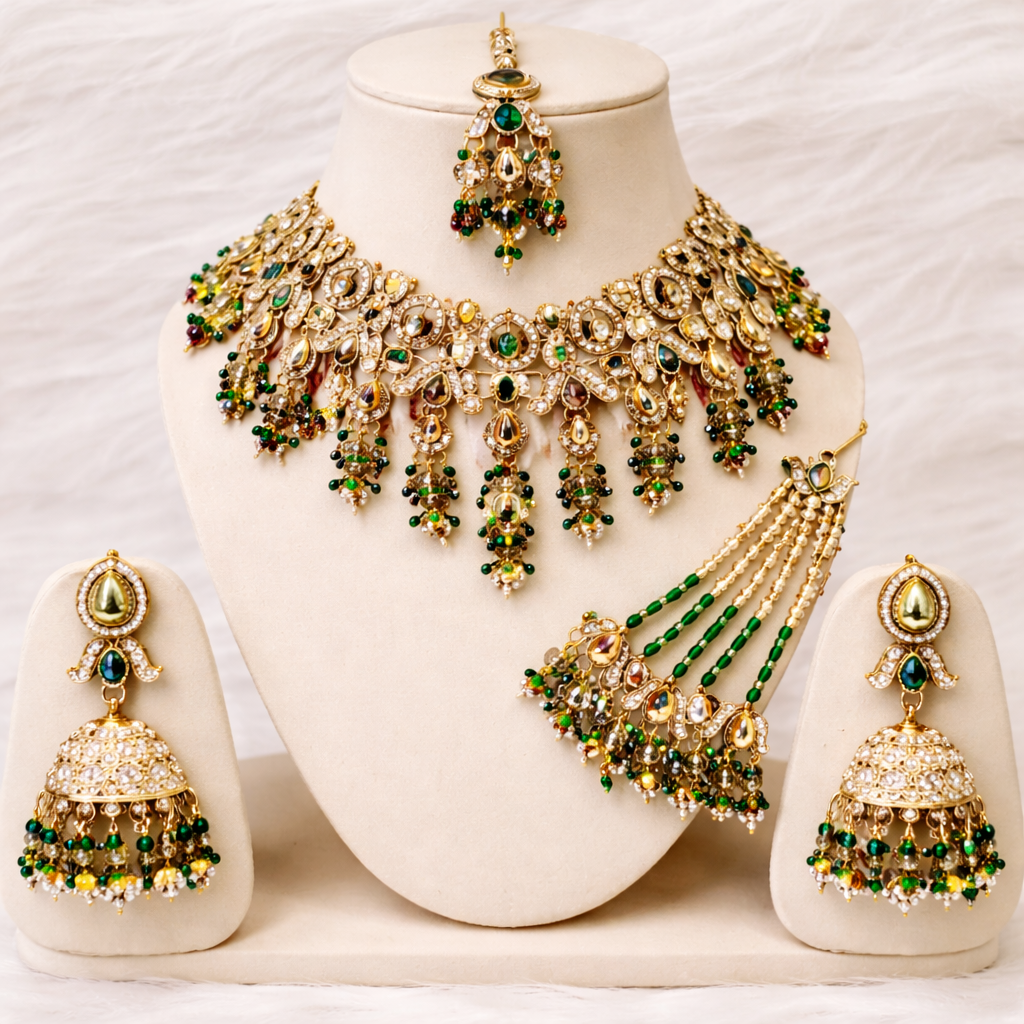 Kundan Green Stone Necklace Set with Earrings, Maang Tika and Paasa