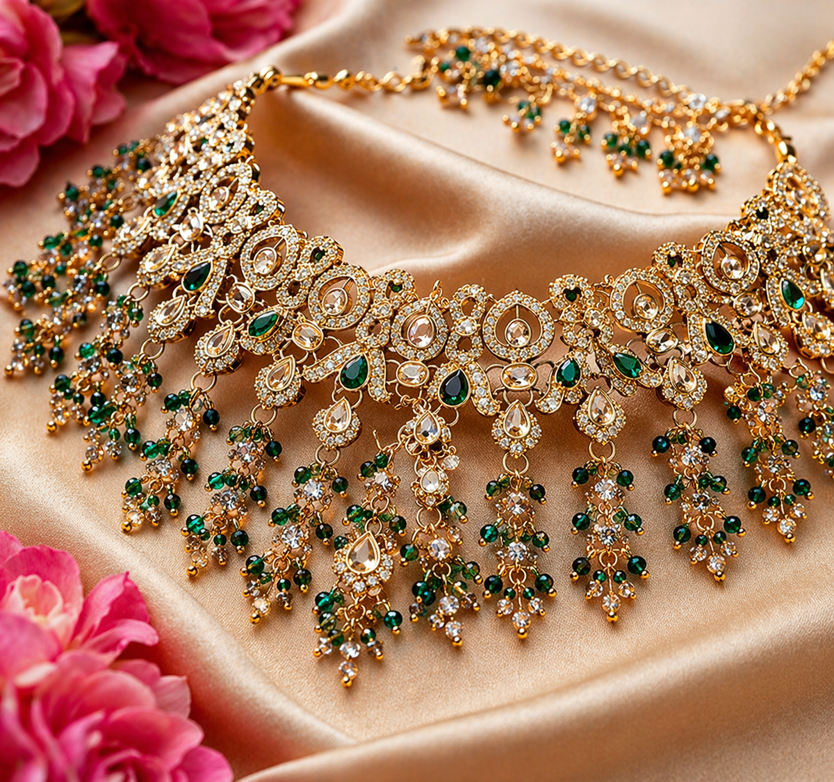 Kundan Green Stone Necklace Set with Earrings, Maang Tika and Paasa