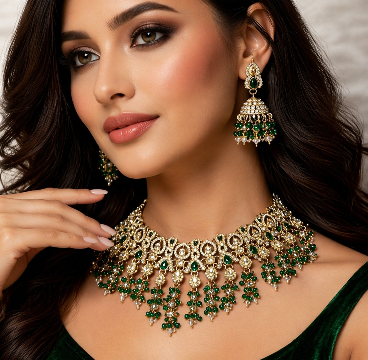 Kundan Green Stone Necklace Set with Earrings, Maang Tika and Paasa