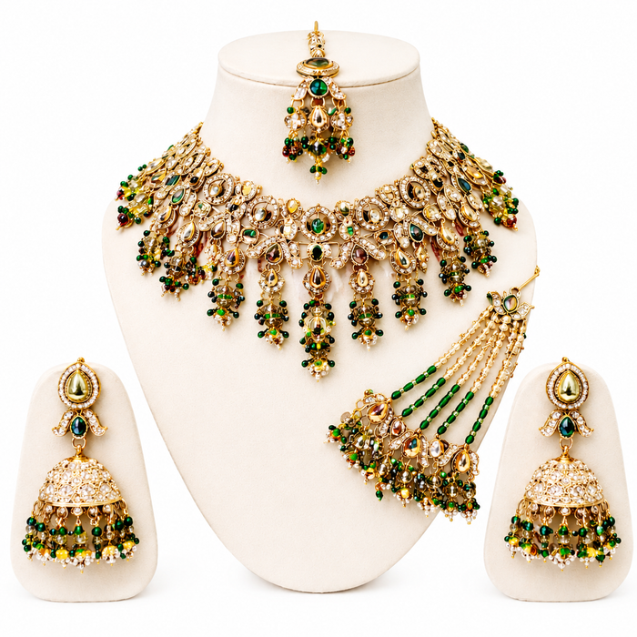 Kundan Green Stone Necklace Set with Earrings, Maang Tika and Paasa