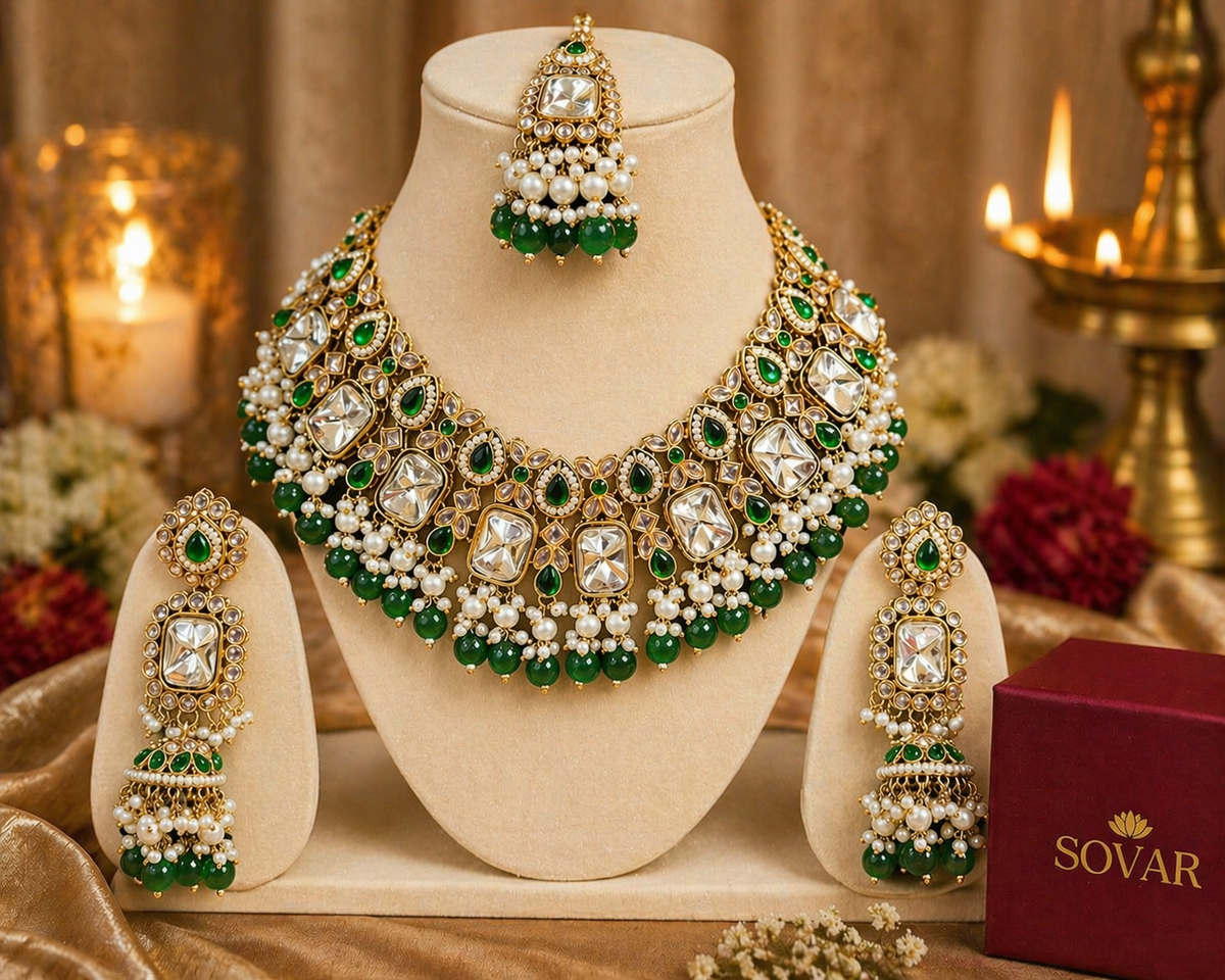 Emerald Green Kundan Necklace Set for Women