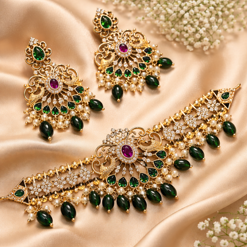 Royal Peacock Kundan Choker Set – Emerald Green