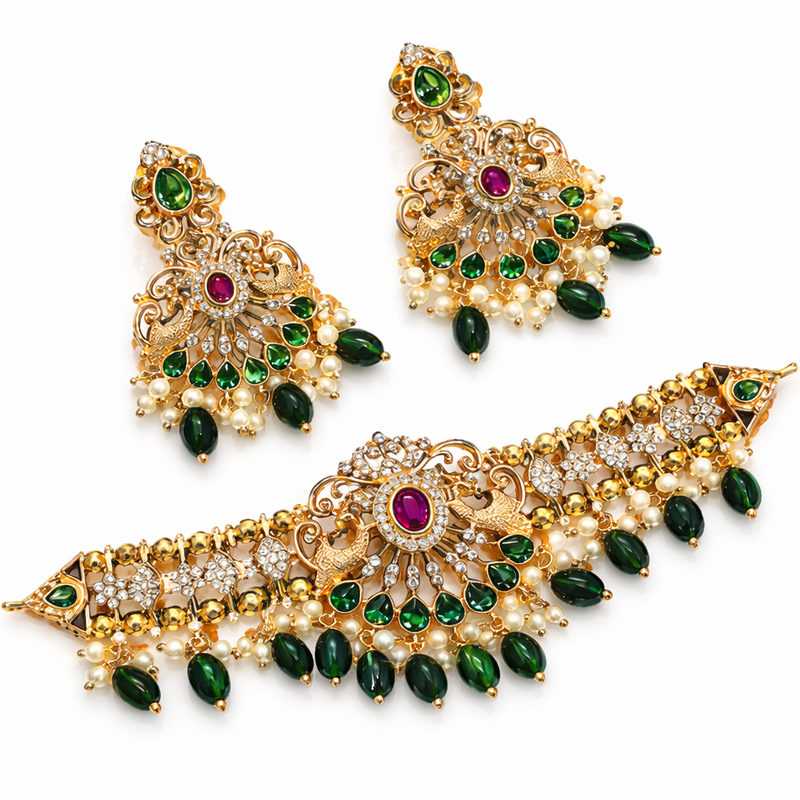 Royal Peacock Kundan Choker Set – Emerald Green