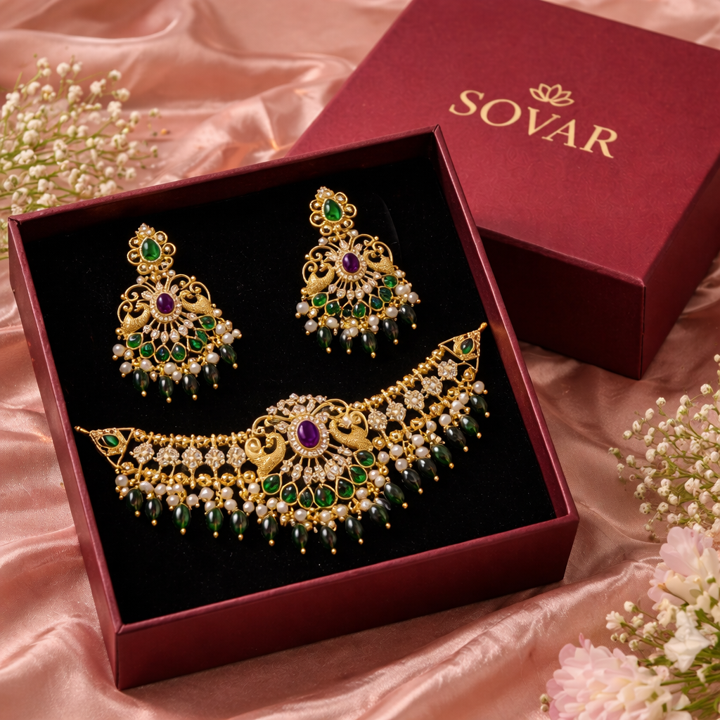 Royal Peacock Kundan Choker Set – Emerald Green
