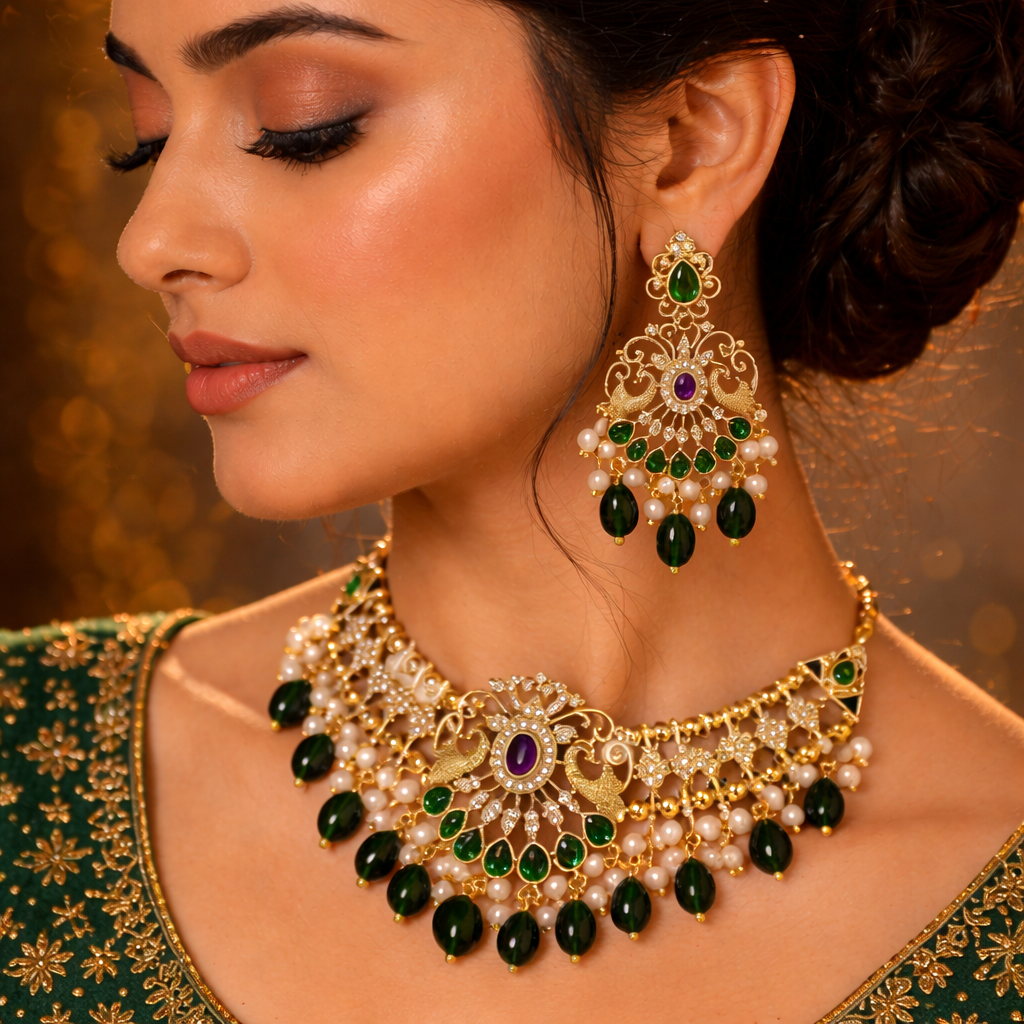 Royal Peacock Kundan Choker Set – Emerald Green