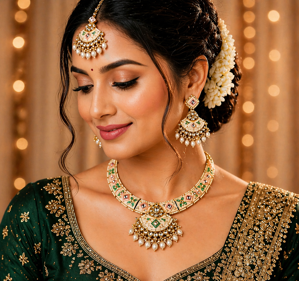 Green Enamel Kundan Choker Necklace Set