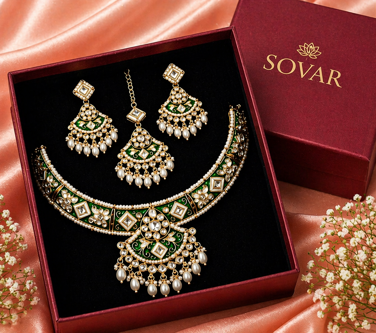Green Enamel Kundan Choker Necklace Set