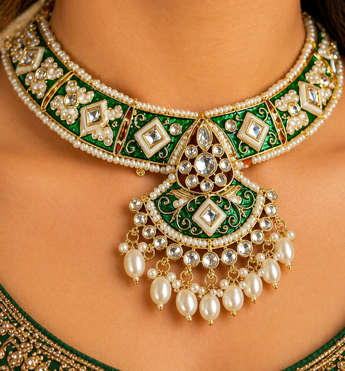 Green Enamel Kundan Choker Necklace Set