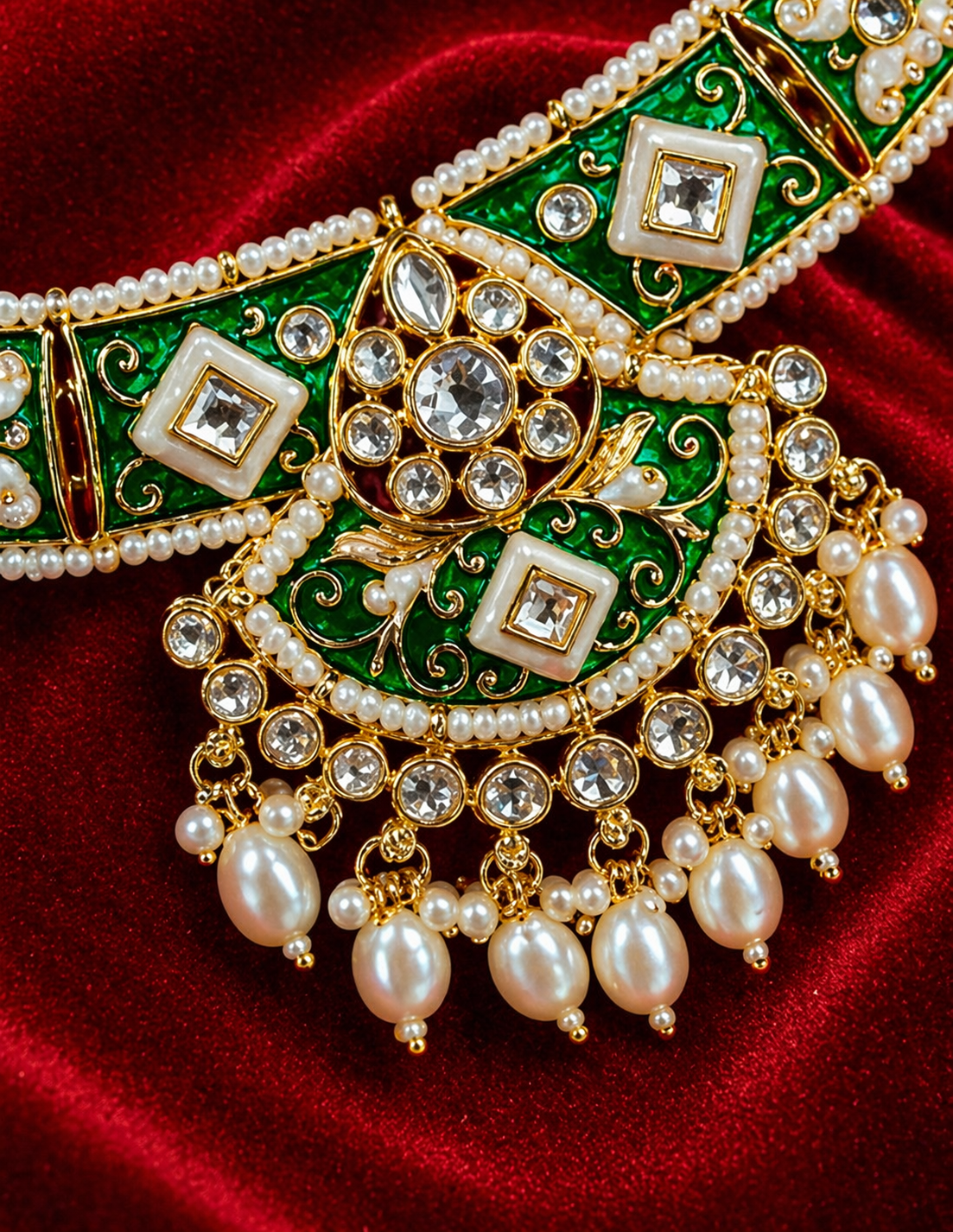 Green Enamel Kundan Choker Necklace Set