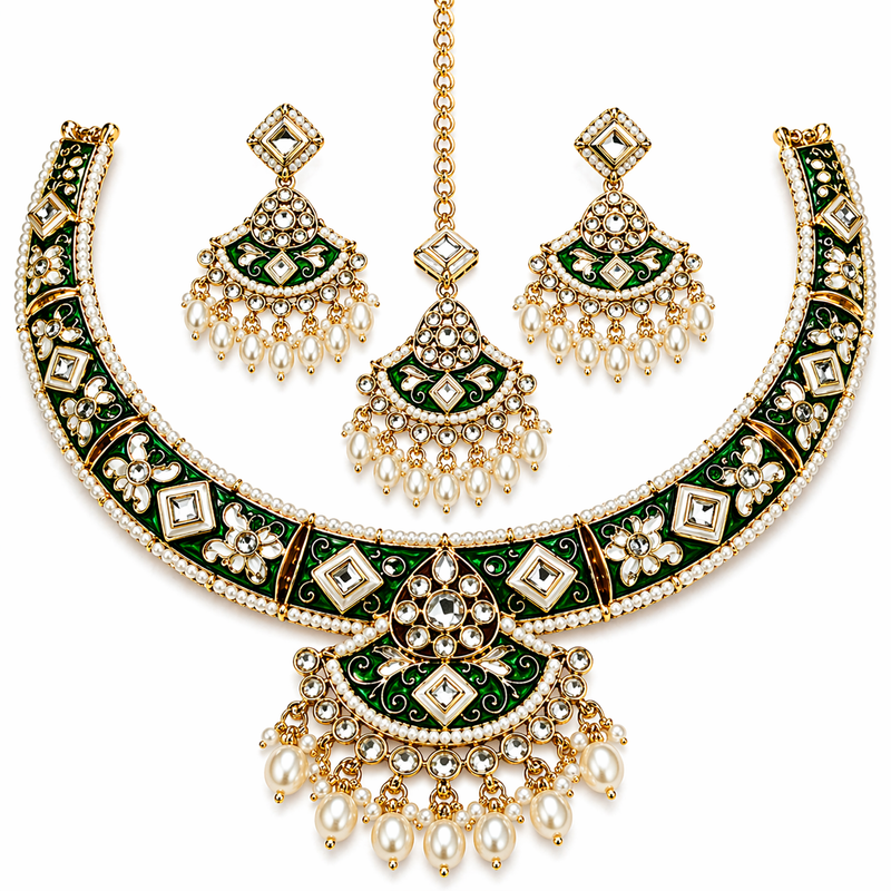 Green Enamel Kundan Choker Necklace Set