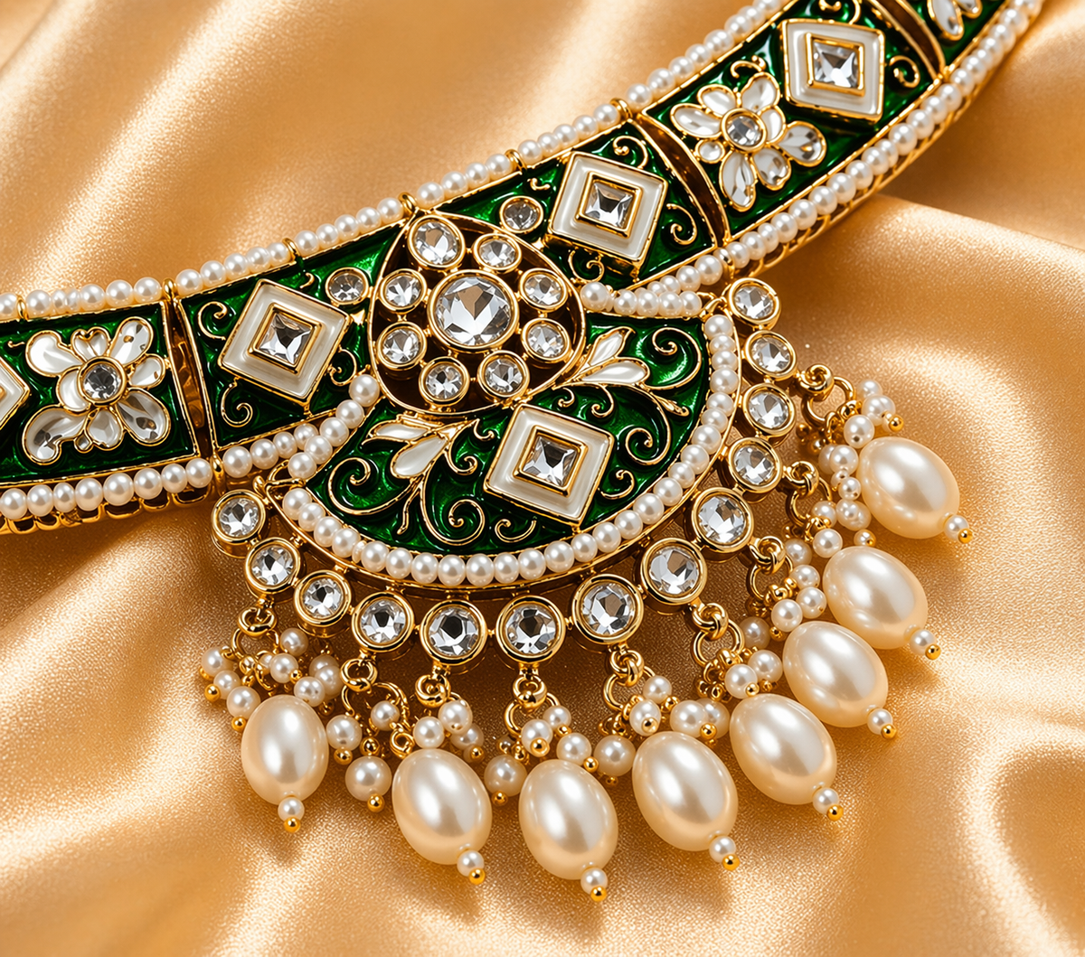 Green Enamel Kundan Choker Necklace Set
