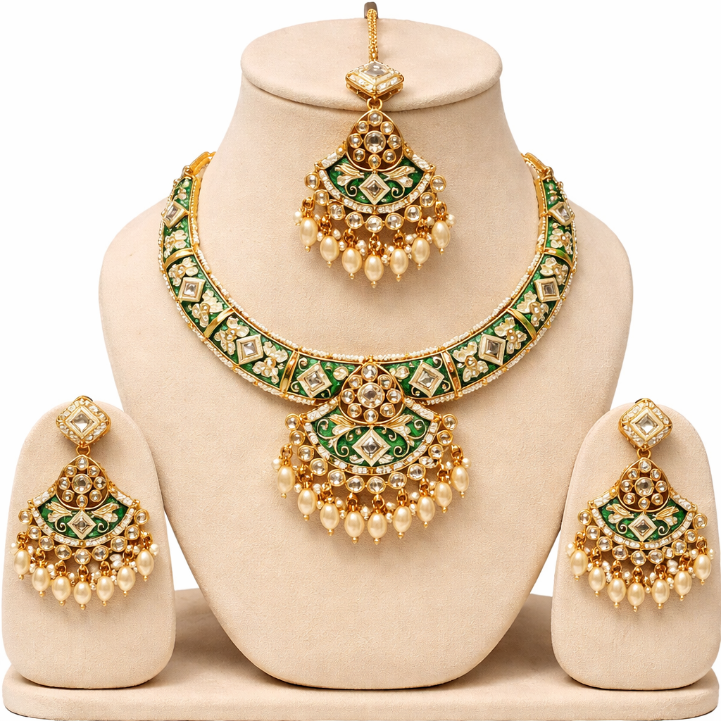 Green Enamel Kundan Choker Necklace Set