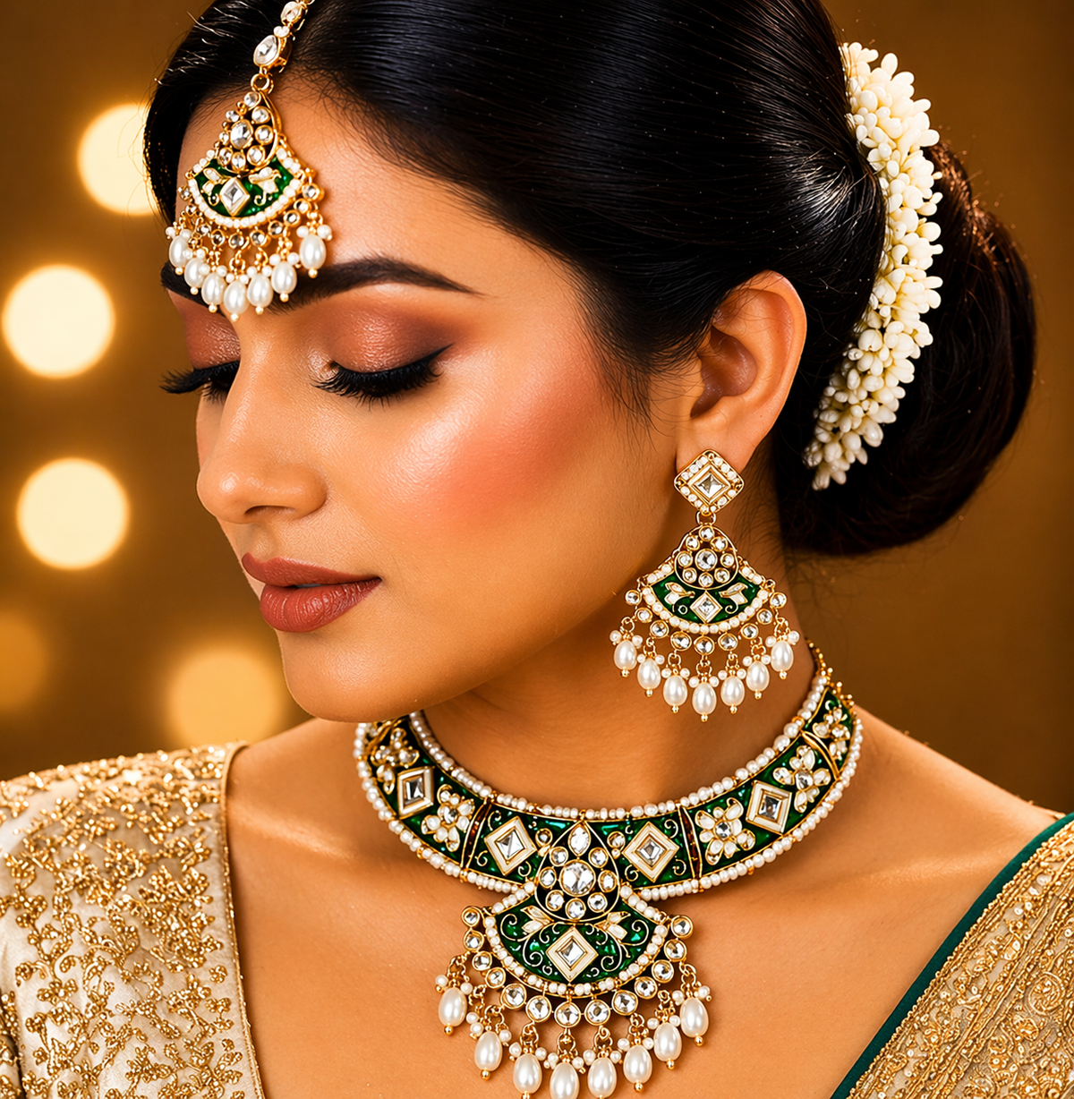 Green Enamel Kundan Choker Necklace Set
