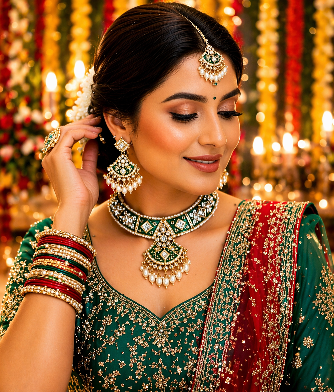 Green Enamel Kundan Choker Necklace Set