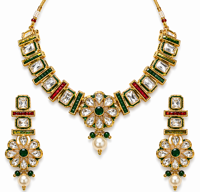 Gold Plated Kundan Necklace Set with Meenakari Work