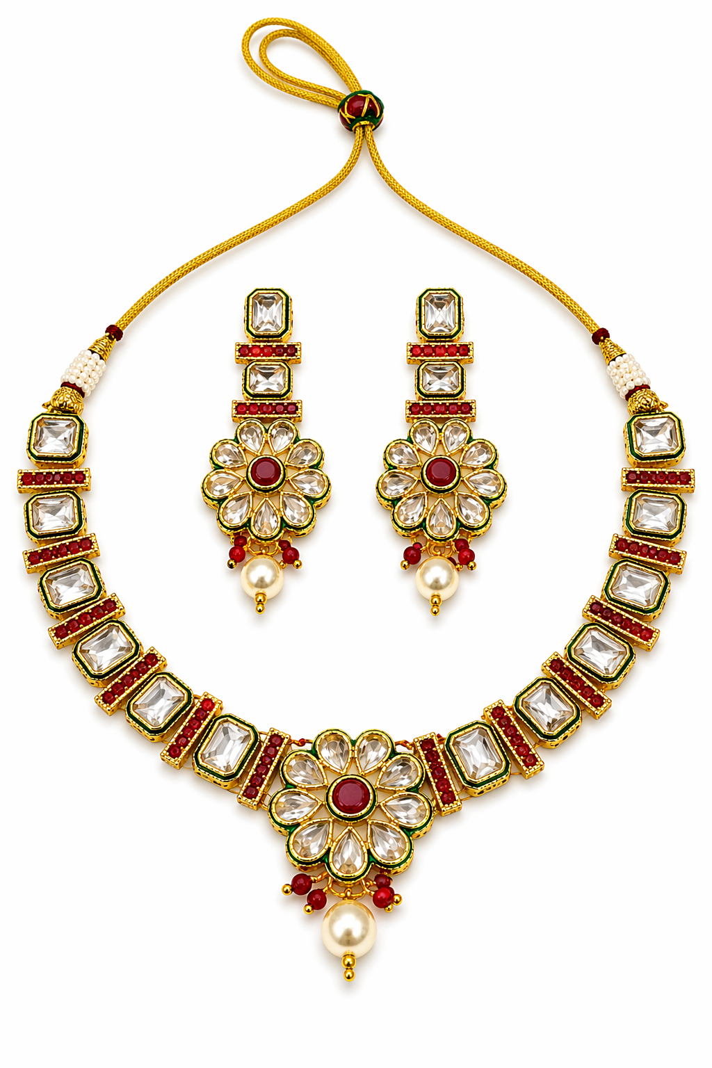 Gold Plated Kundan Necklace Set with Meenakari Work
