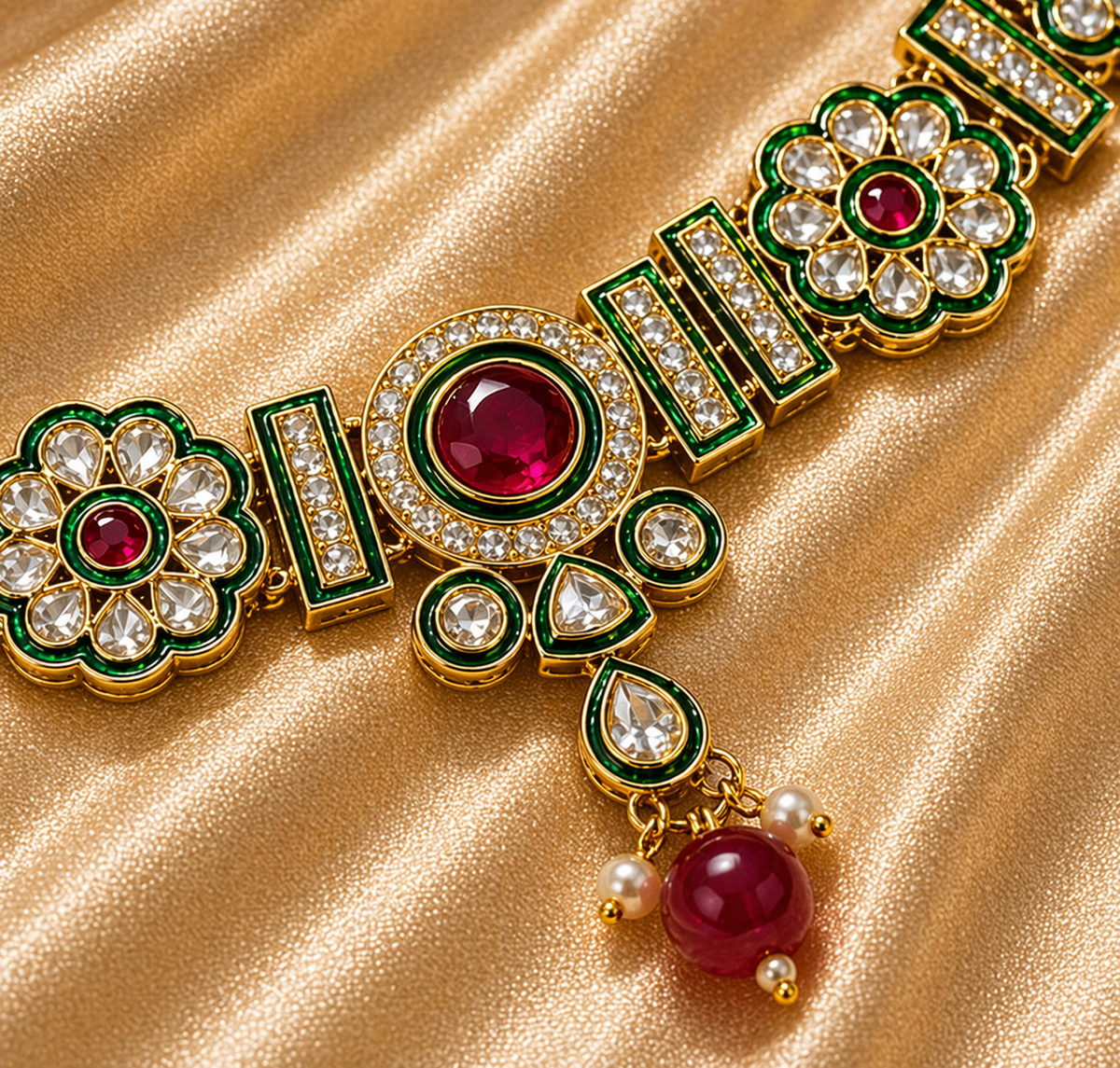 Green and Ruby Kundan Necklace Set with Maang Tikka & Earrings