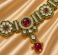 Green & Ruby Kundan Necklace Set with Maang Tikka & Earrings