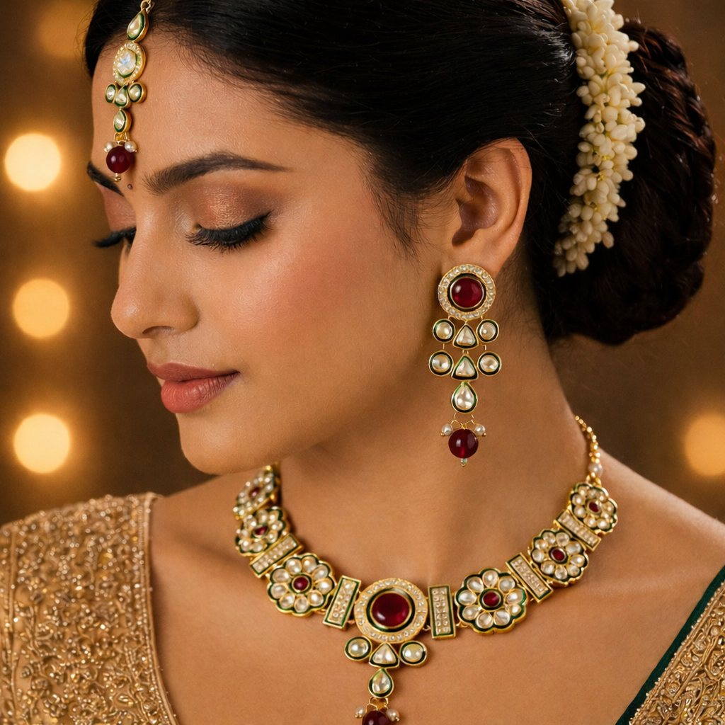 Green and Ruby Kundan Necklace Set with Maang Tikka & Earrings
