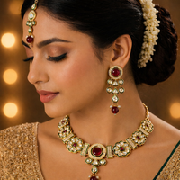 Green & Ruby Kundan Necklace Set with Maang Tikka & Earrings