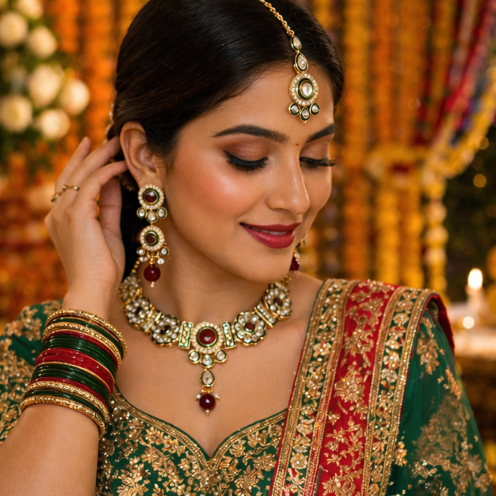 Ruby Kundan Necklace Set with Maang Tikka & Earrings
