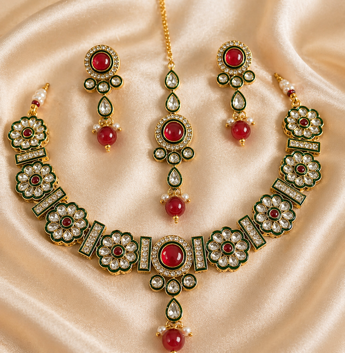 Green and Ruby Kundan Necklace Set with Maang Tikka & Earrings