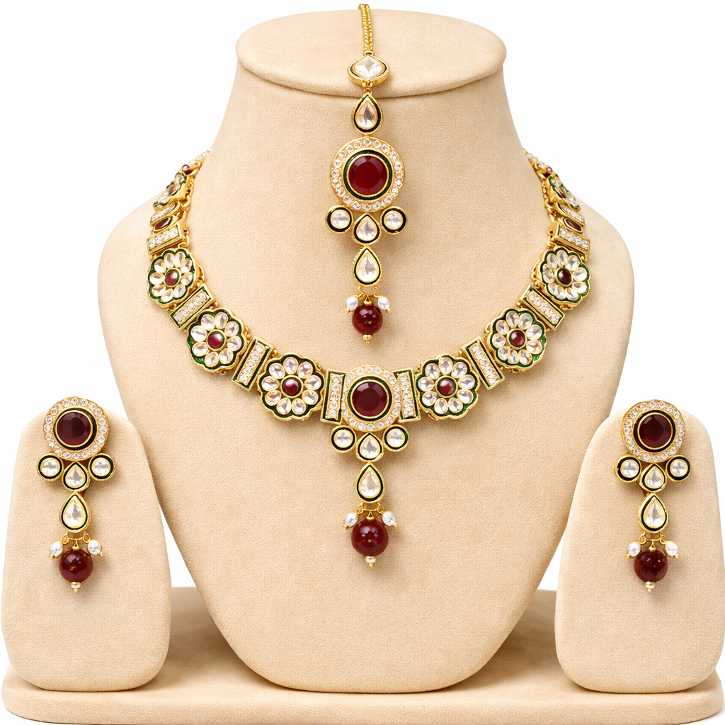 Green and Ruby Kundan Necklace Set with Maang Tikka & Earrings