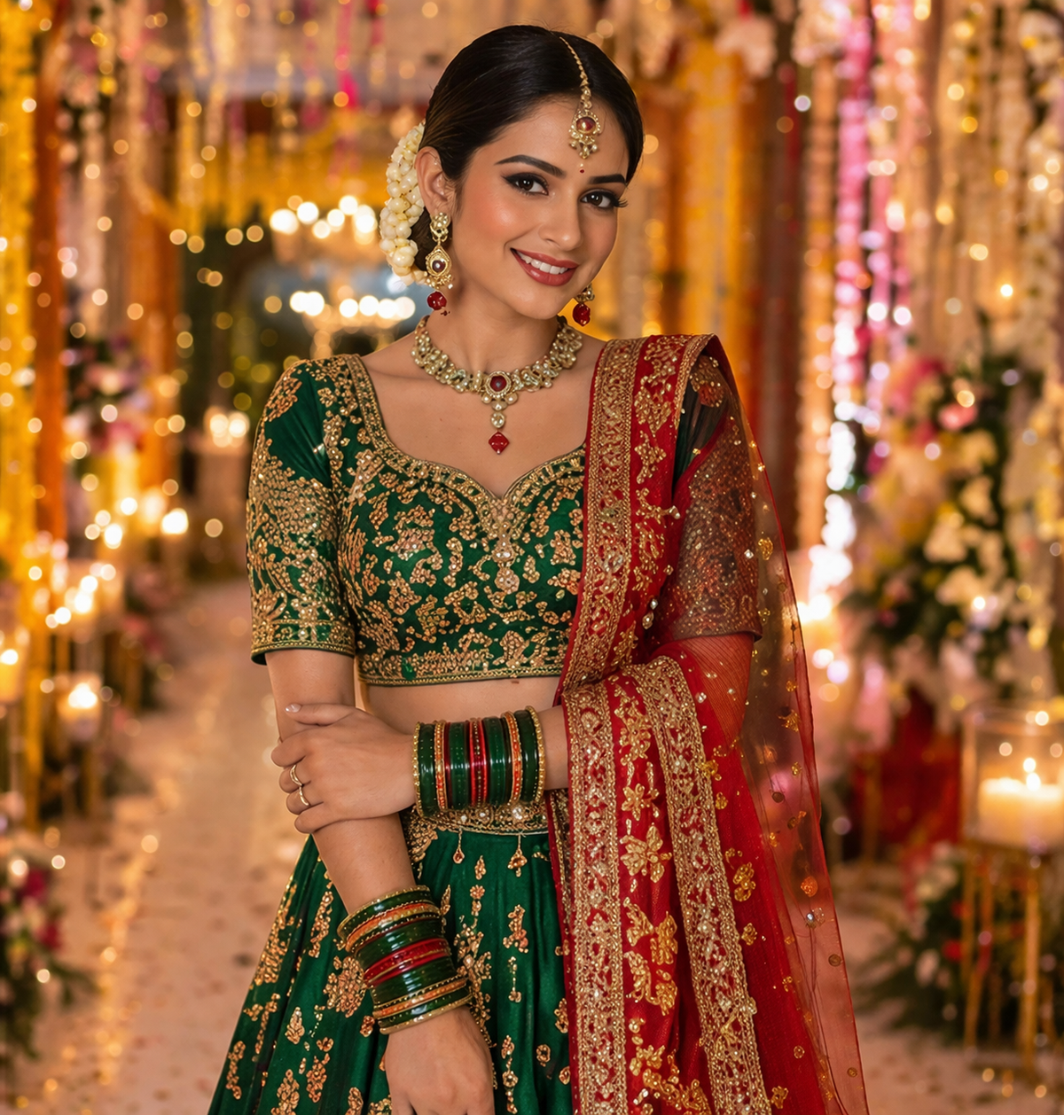 Green and Ruby Kundan Necklace Set with Maang Tikka & Earrings