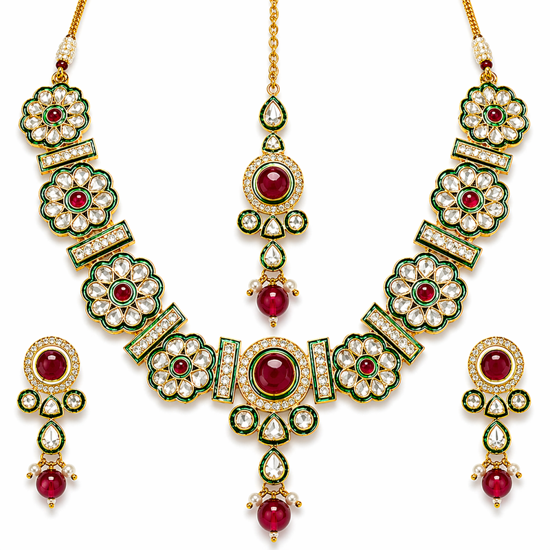 Ruby Kundan Necklace Set with Maang Tikka & Earrings