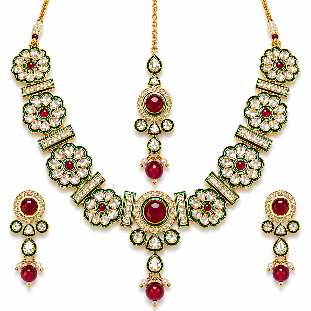 Green & Ruby Kundan Necklace Set with Maang Tikka & Earrings