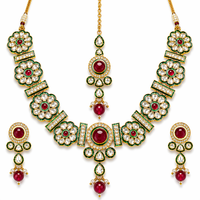 Green & Ruby Kundan Necklace Set with Maang Tikka & Earrings