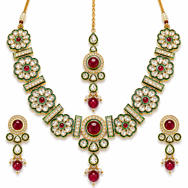 Green & Ruby Kundan Necklace Set with Maang Tikka & Earrings