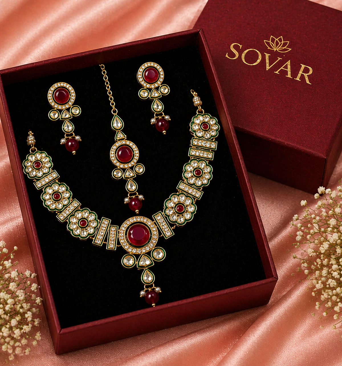Green and Ruby Kundan Necklace Set with Maang Tikka & Earrings