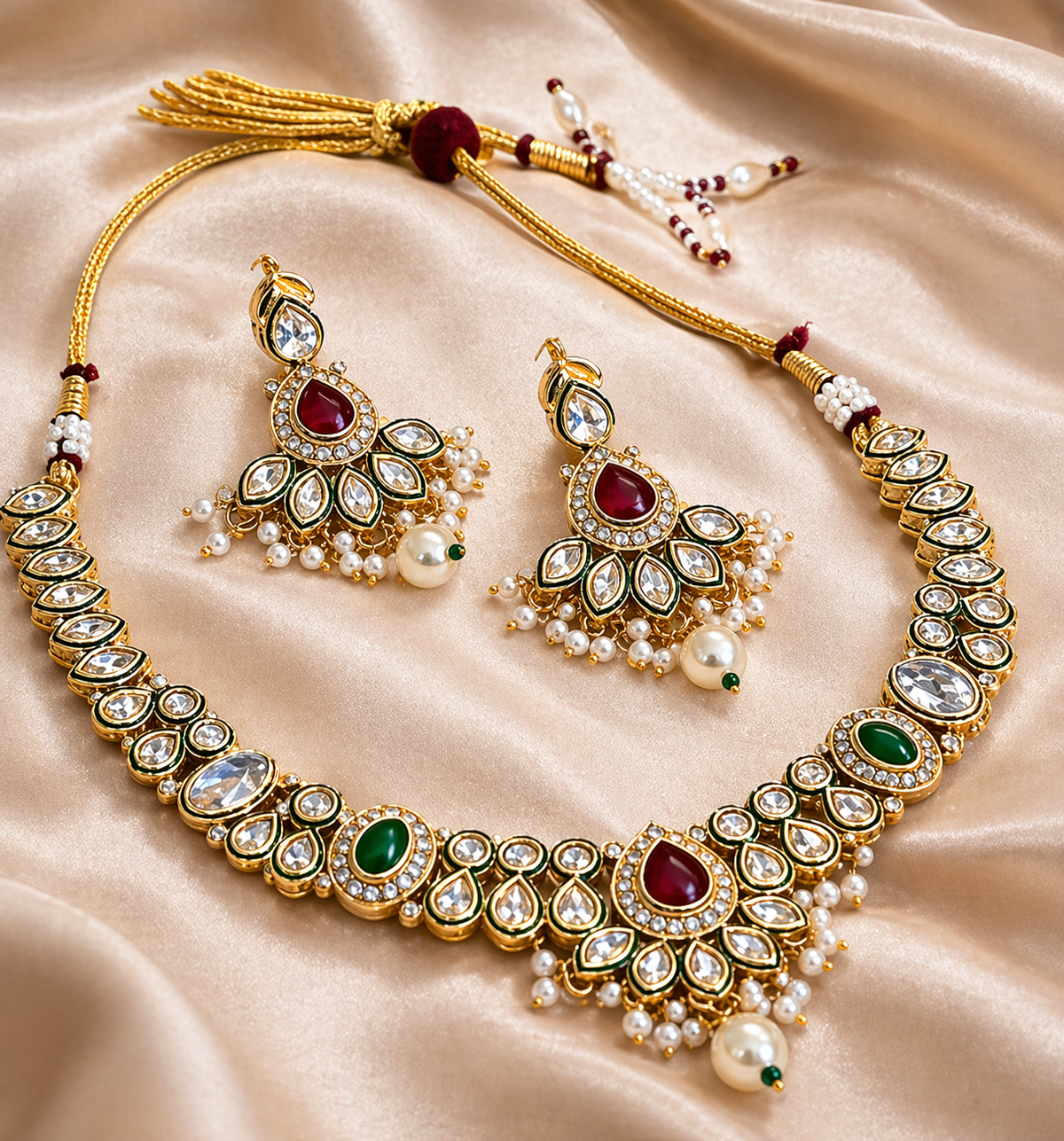 Gold-Plated Meenakari Kundan Pearl Drop Necklace Set