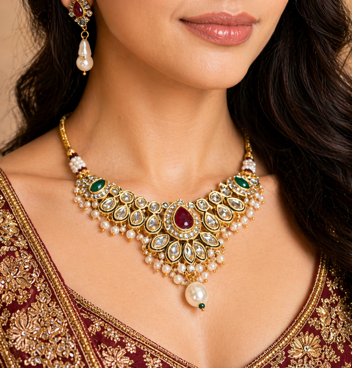 Gold-Plated Meenakari Kundan Pearl Drop Necklace Set
