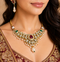 Gold Plated Meenakari Kundan Jewelry Set with Pearl Drops