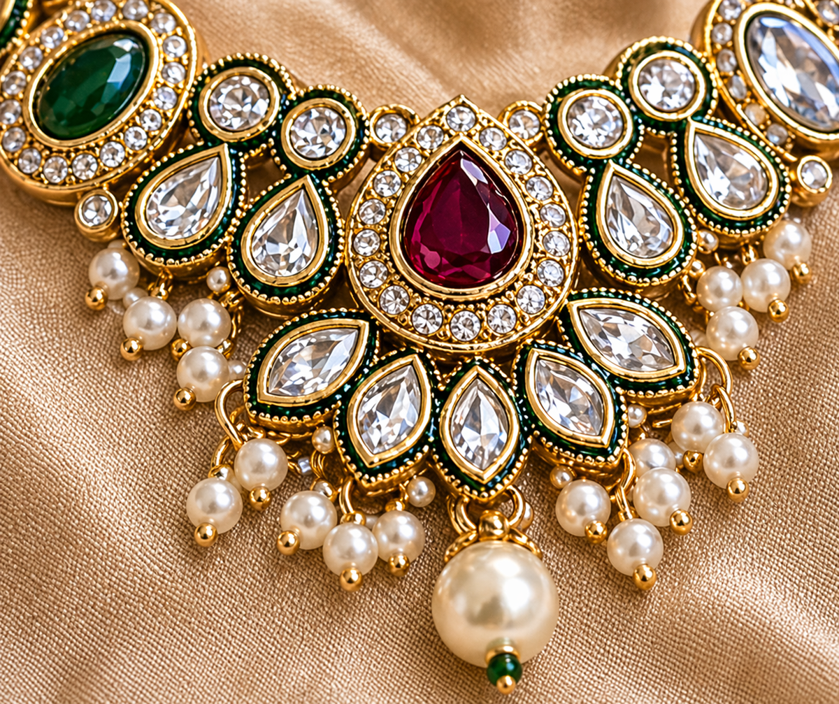 Gold-Plated Meenakari Kundan Pearl Drop Necklace Set