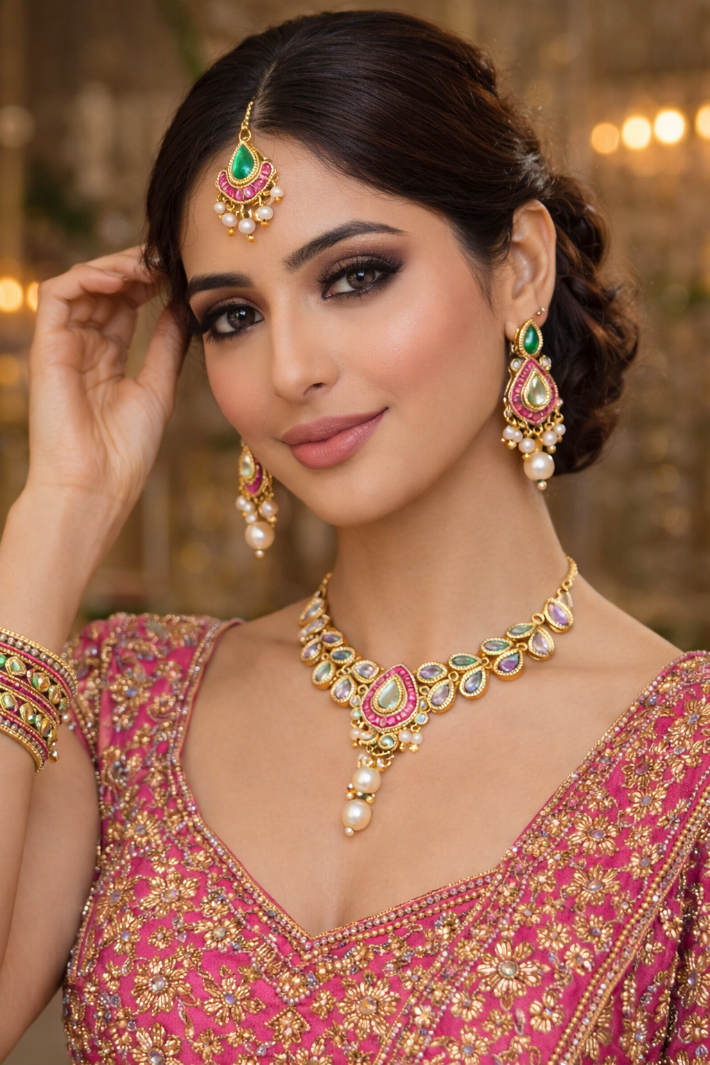 Gold-Plated Meenakari Kundan Pearl Drop Jewelry Set