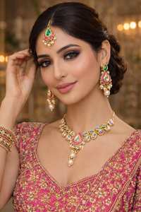Gold Plated Meenakari Kundan Jewelry Set with Pearl Drops