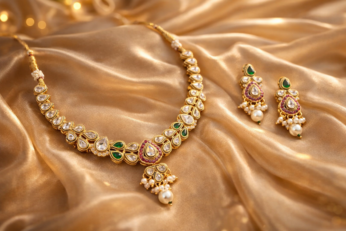 Gold-Plated Meenakari Kundan Pearl Drop Jewelry Set