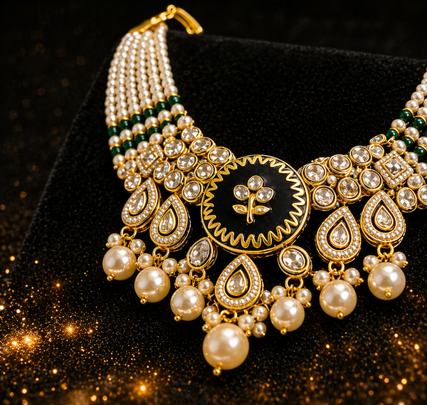 Pearl Kundan Necklace Set with Earrings (Gold, Dark Green Enamel, Pearl)
