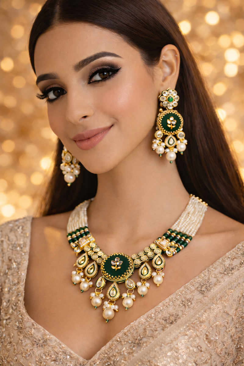 Pearl Kundan Necklace Set with Earrings (Gold, Dark Green Enamel, Pearl)
