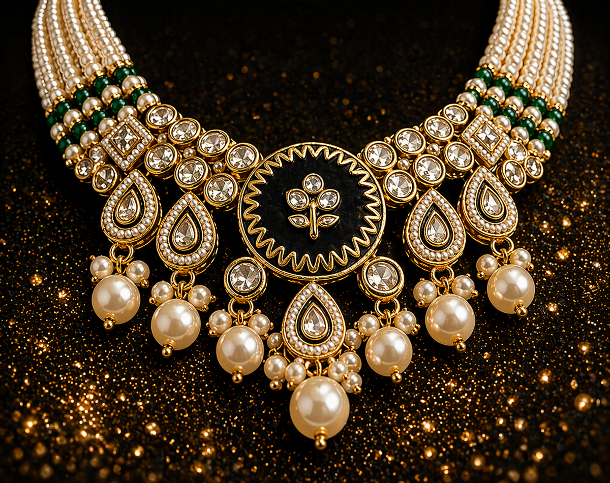 Pearl Kundan Necklace Set with Earrings (Gold, Dark Green Enamel, Pearl)
