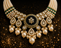 Pearl Kundan Necklace Set with Earrings (Gold, Dark Green Enamel, Pearl)