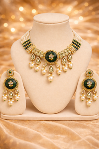 Pearl Kundan Necklace Set with Earrings (Gold, Dark Green Enamel, Pearl)