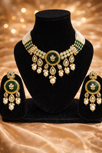Pearl Kundan Necklace Set with Earrings (Gold, Dark Green Enamel, Pearl)