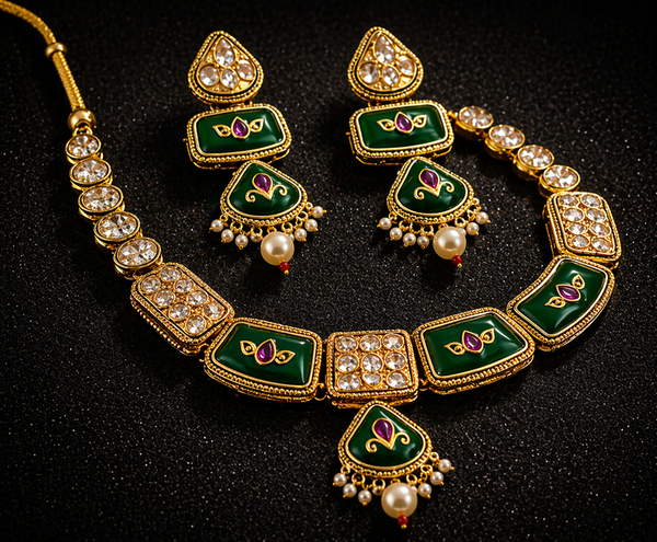 Green Kundan Polki Necklace Set
